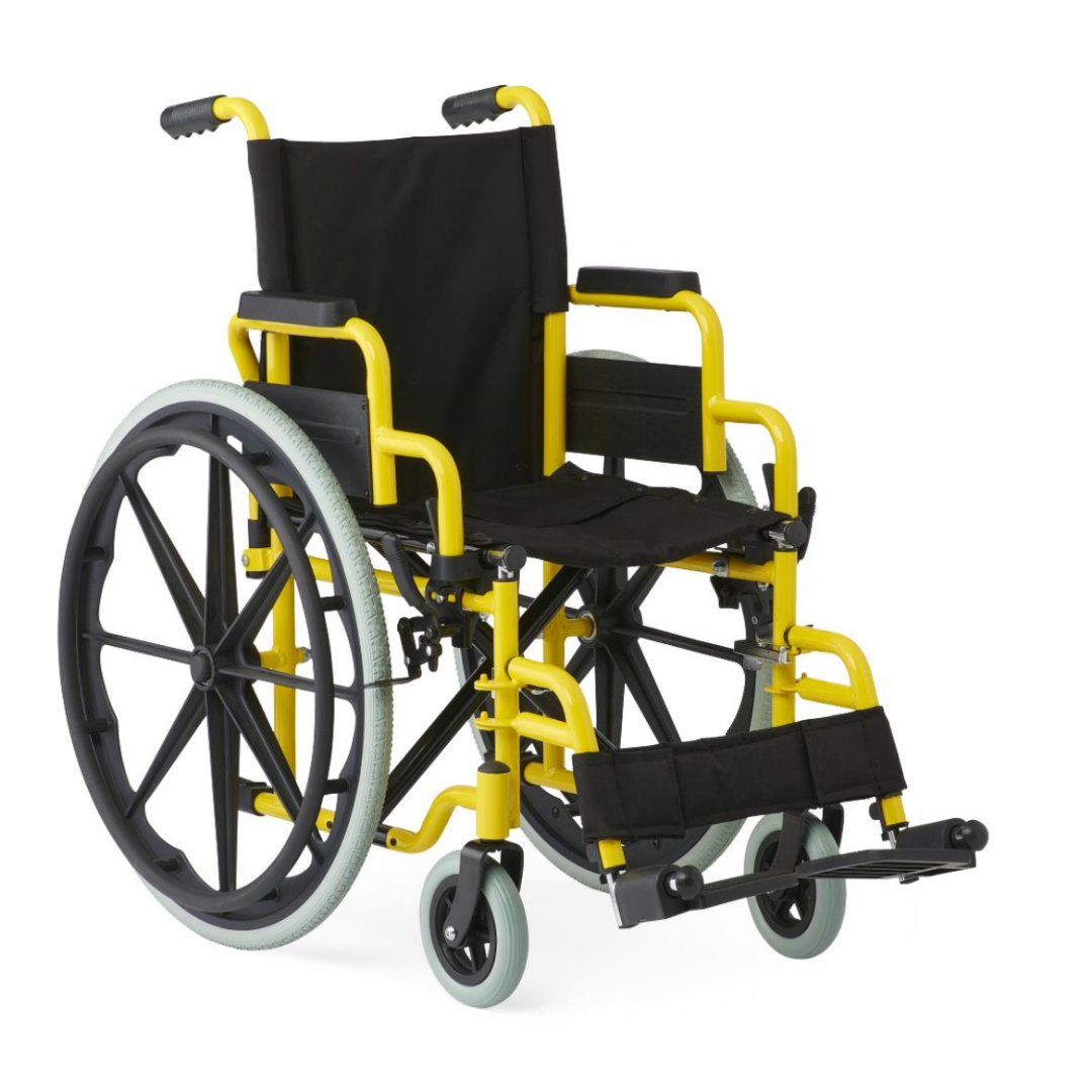 The Medline Pediatric Kidz Guardian Wheelchair, in yellow and black, features large rear wheels, small front casters, padded armrests, adjustable settings, and a footrest; pictured on a white background.